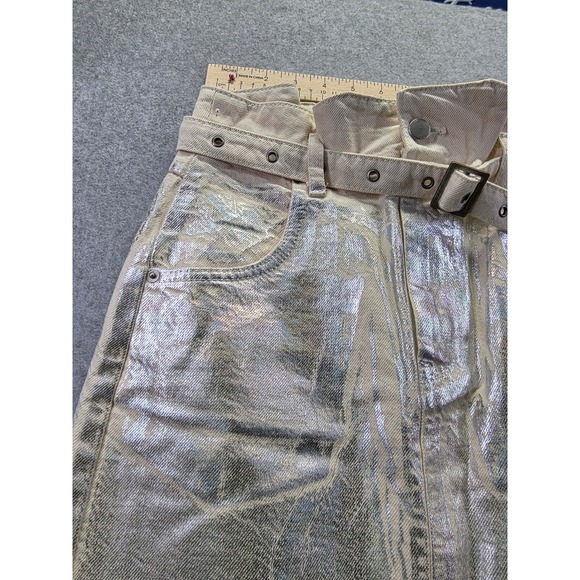 Zara Silver Metallic Holographic Denim Maxi Skirt with Belt Ecru Womens XS 24 - Picture 6 of 14